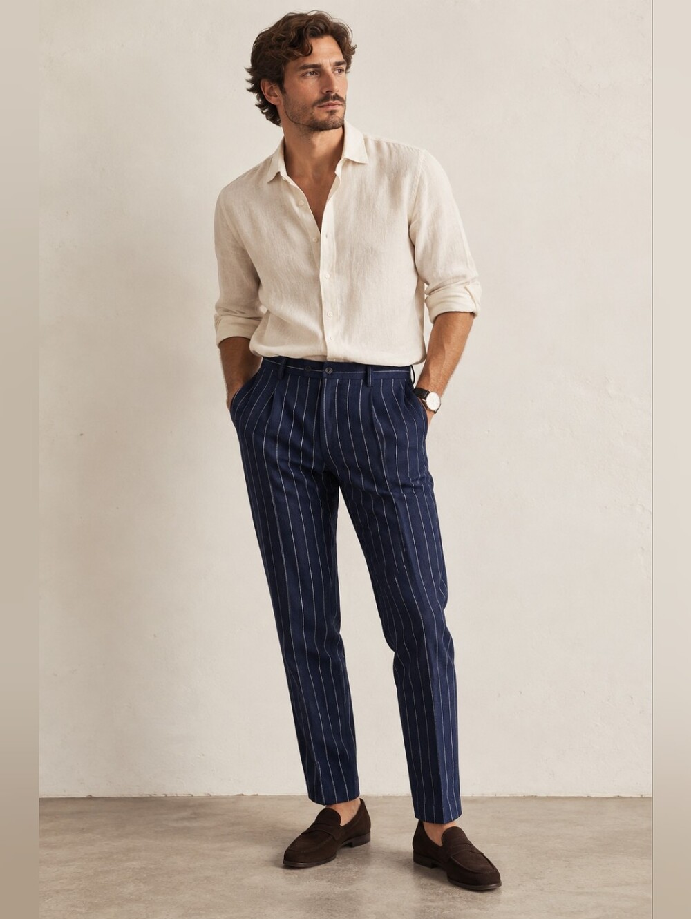 Octobre Éditions Men's Cotton Linen Blend Pinstripe Trousers Navy Pants Size 42